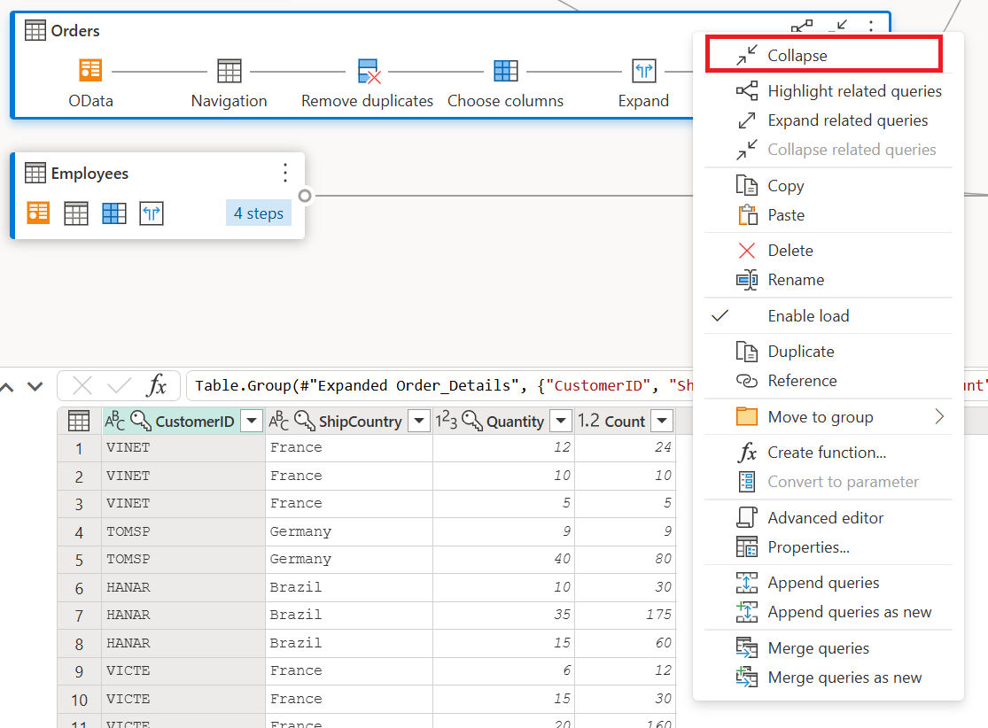 Screenshot emphasizing the collapse button in the context menu of the query.
