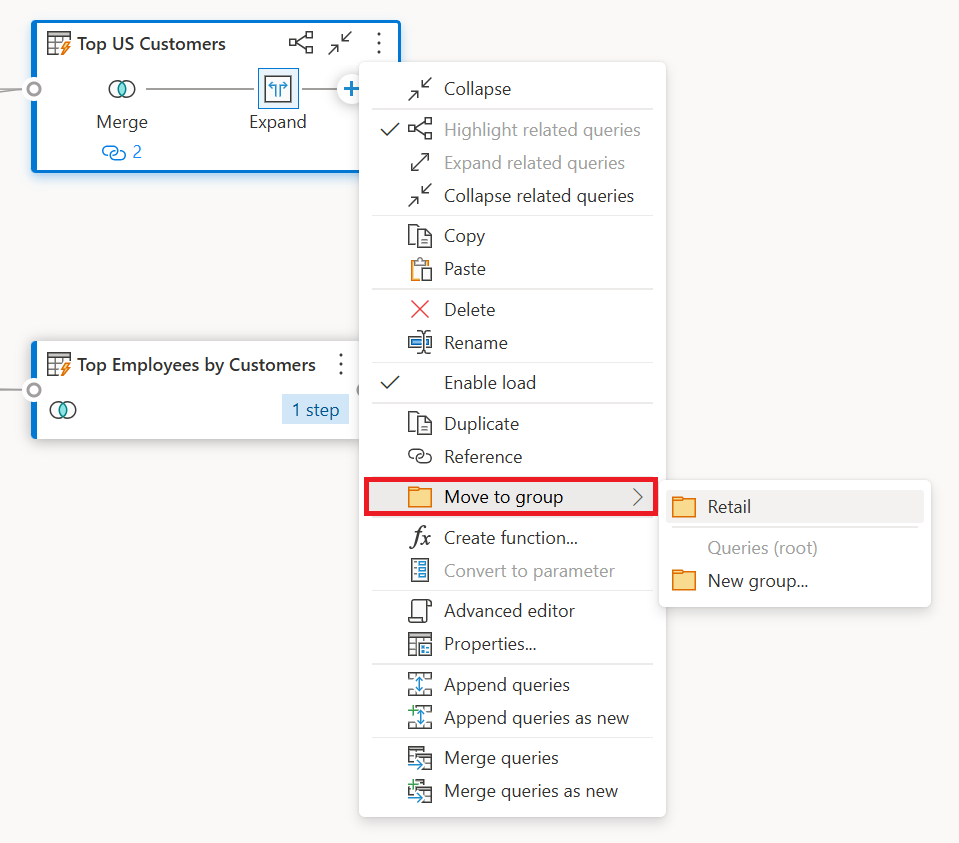 Screenshot of the move to group option inside the query contextual menu emphasized.