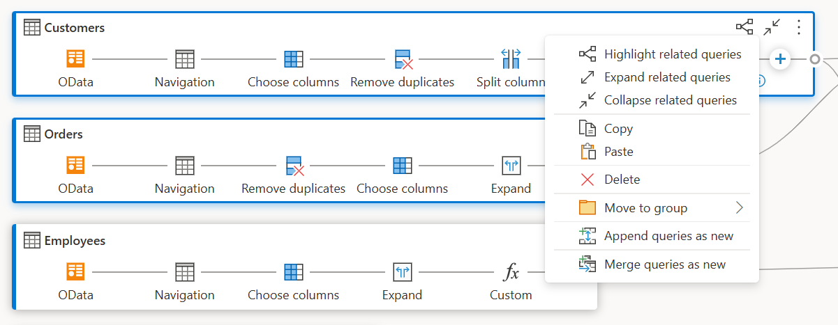 Screenshot of the diagram view with two queries multi-selected and a context menu displaying different operations.