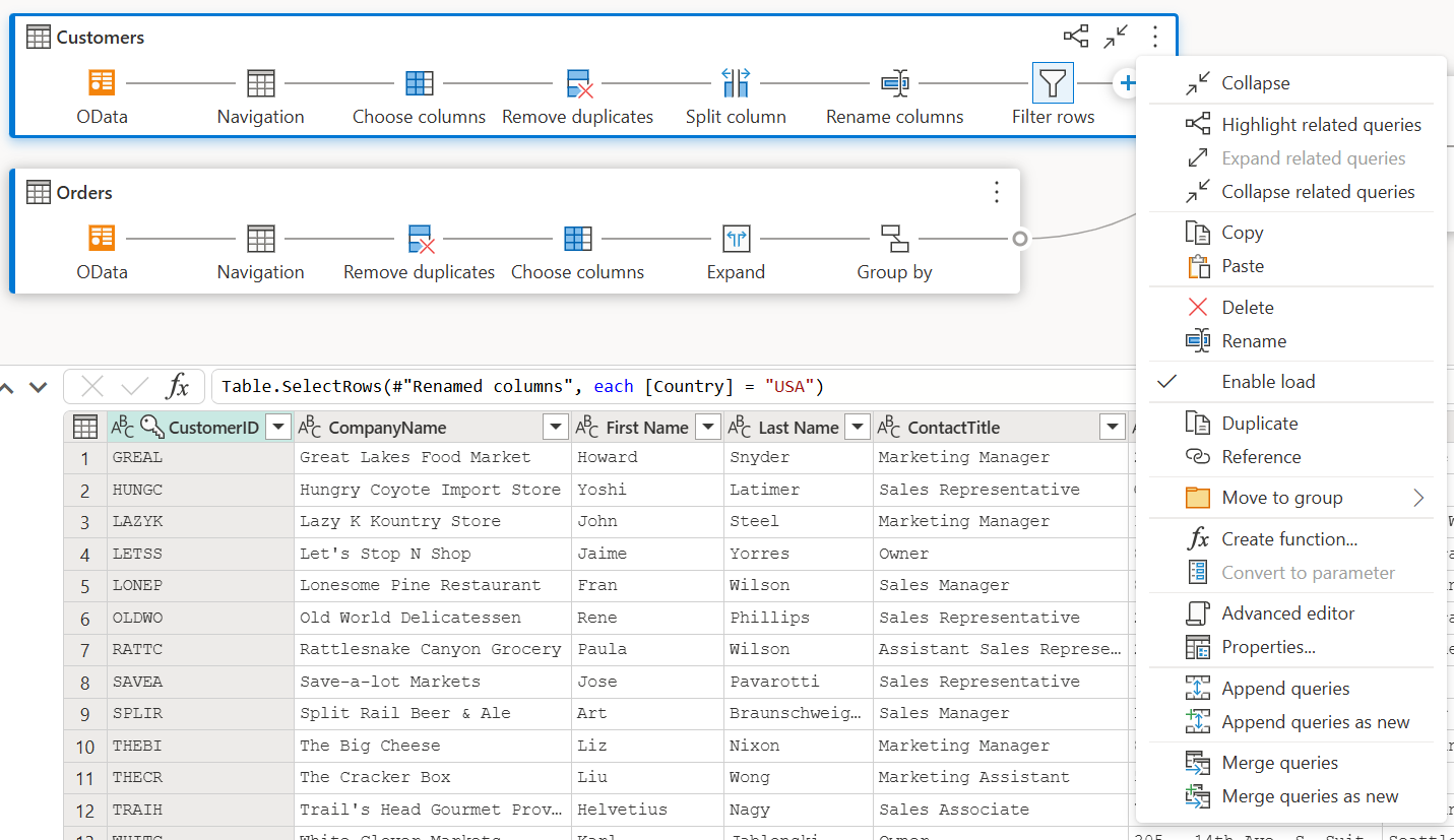 Screenshot of the query contextual menu with more query level actions provided.