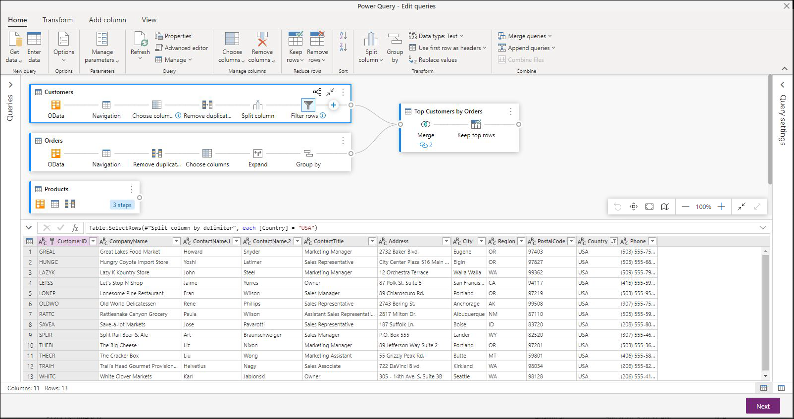 Screenshot of the Power Query interface with three queries shown in the diagram view.