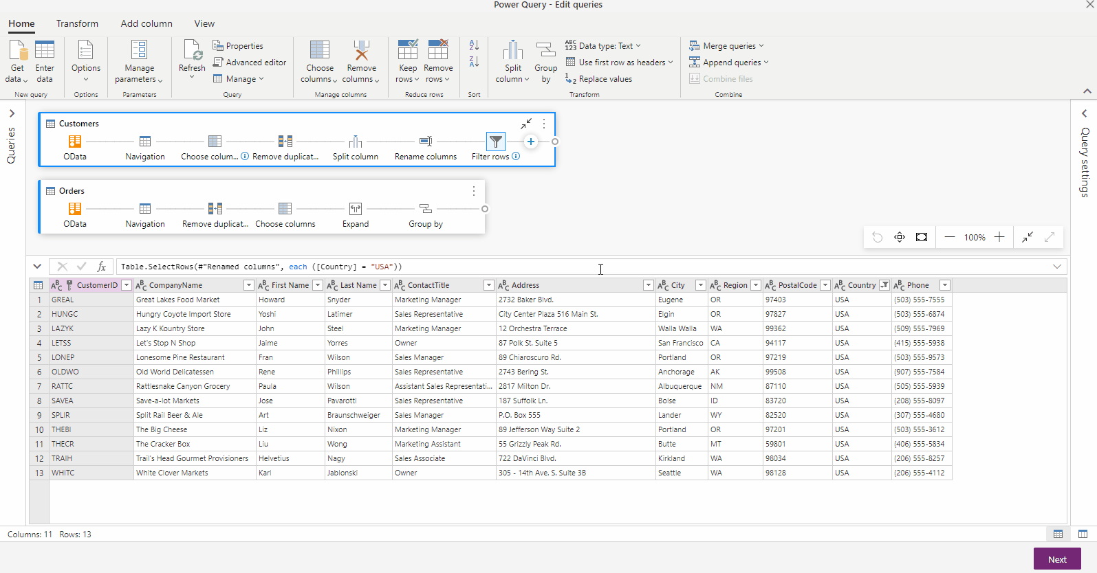 Animated GIF showing the descriptions at the step level for the steps with the names 'Choose columns' and 'Filter rows' in the Customers query.