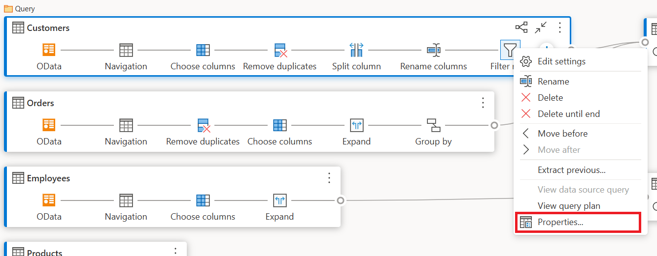 Screenshot of the Properties option inside the step level contextual menu after right-clicking a step.