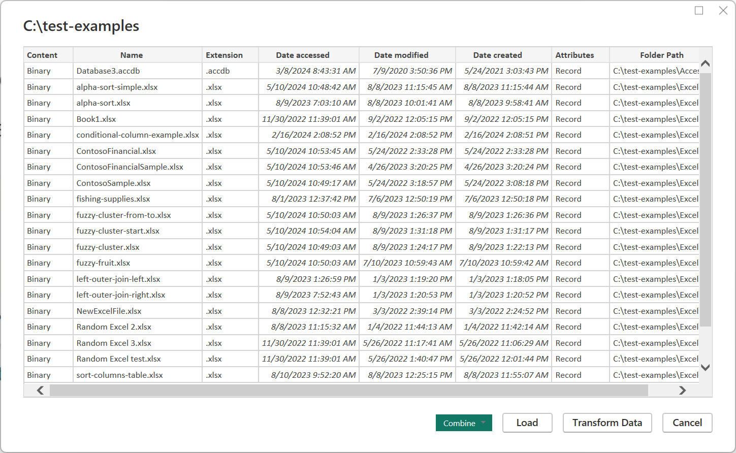 Screenshot of the Folder connector table preview dialog box.