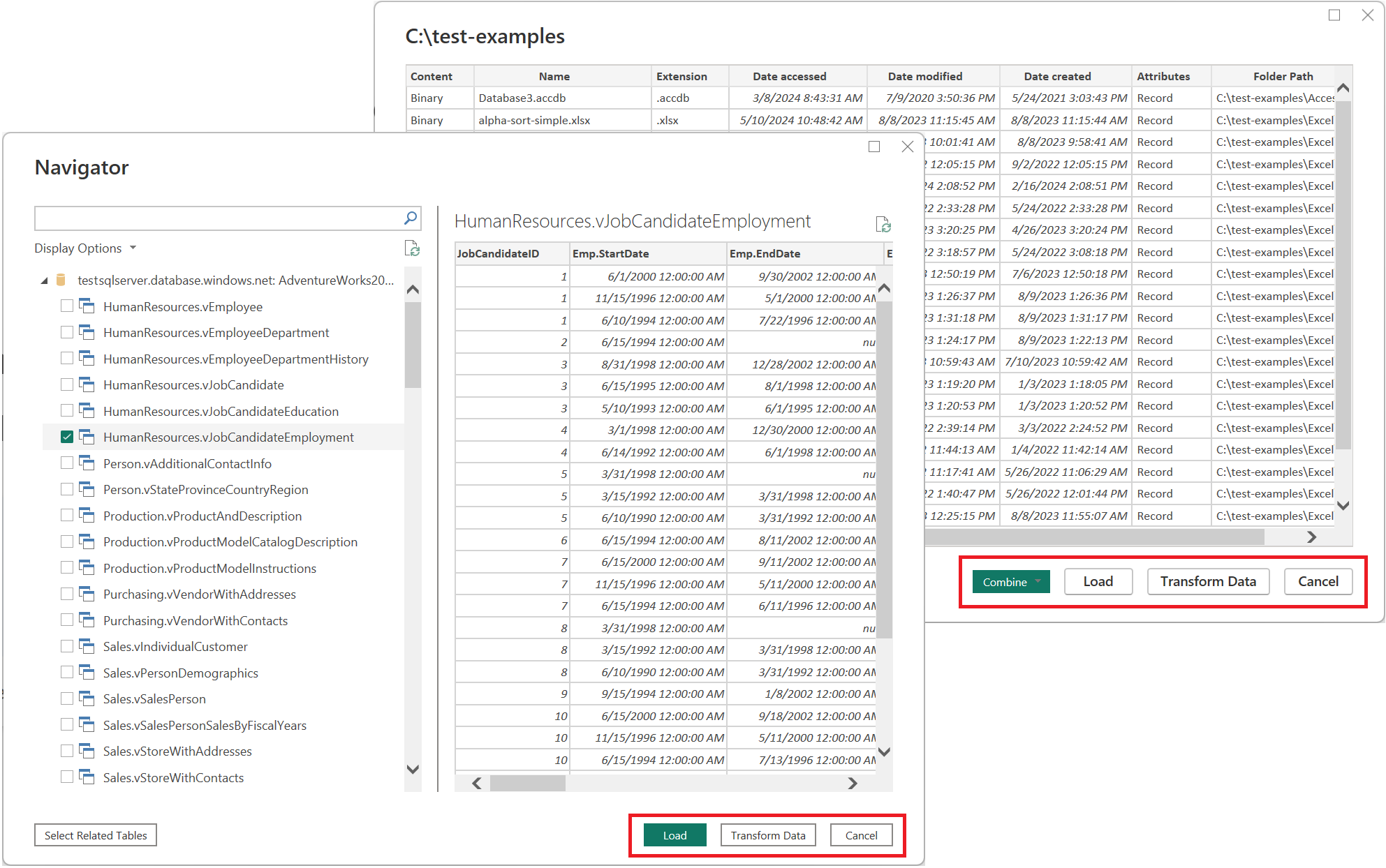 Screenshots of the get data load destinations in navigator window and table preview.