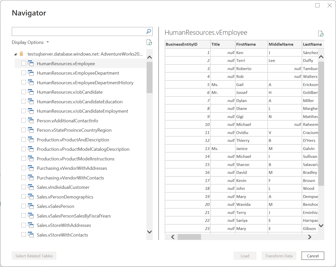 Screenshot of the SQL Server connector navigator window in Power Query Desktop.