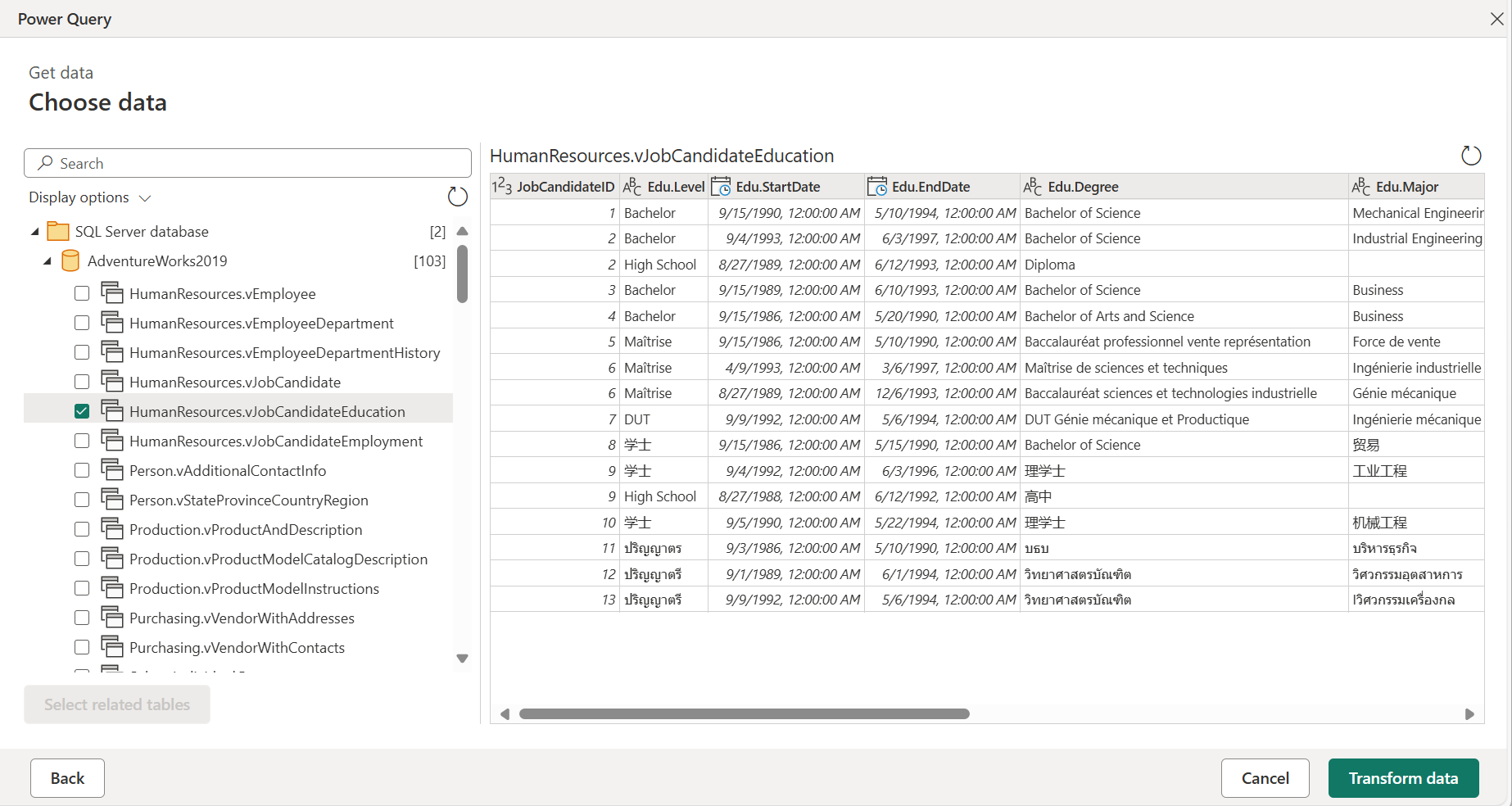 Screenshot of the SQL Server connector navigator window in Power Query Online.