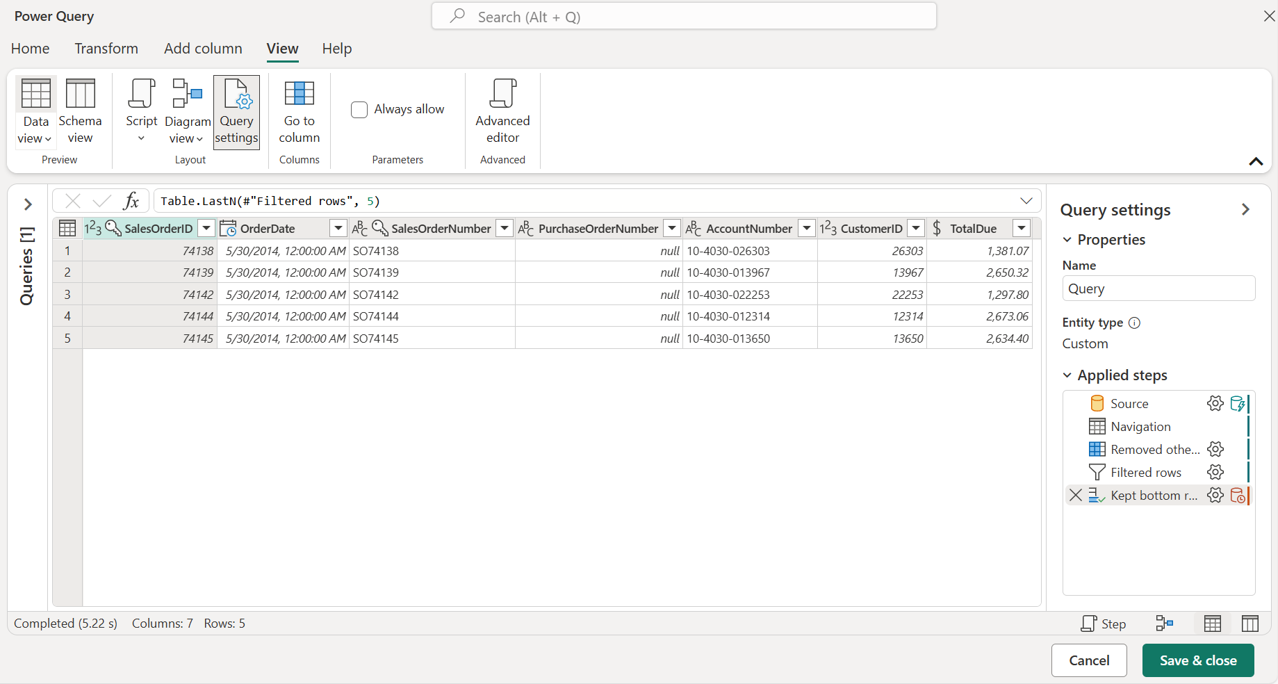 Screenshot of a sample query loaded into the Power Query editor