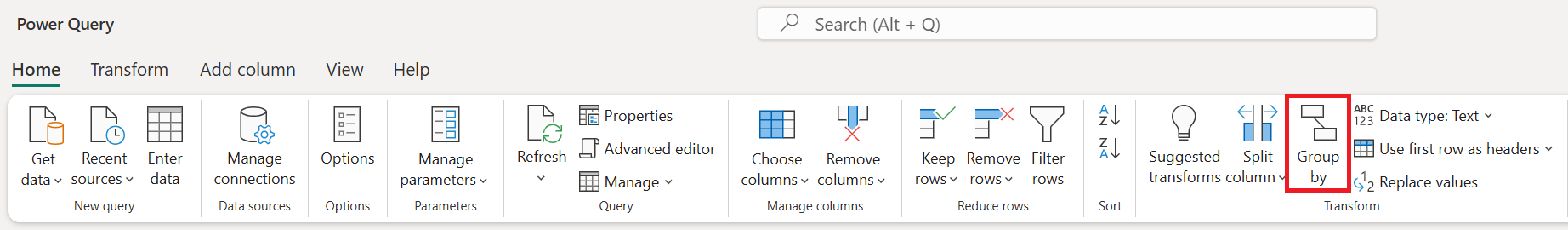 Screenshot of the Power Query ribbon with the Group by option emphasized in the Home tab.