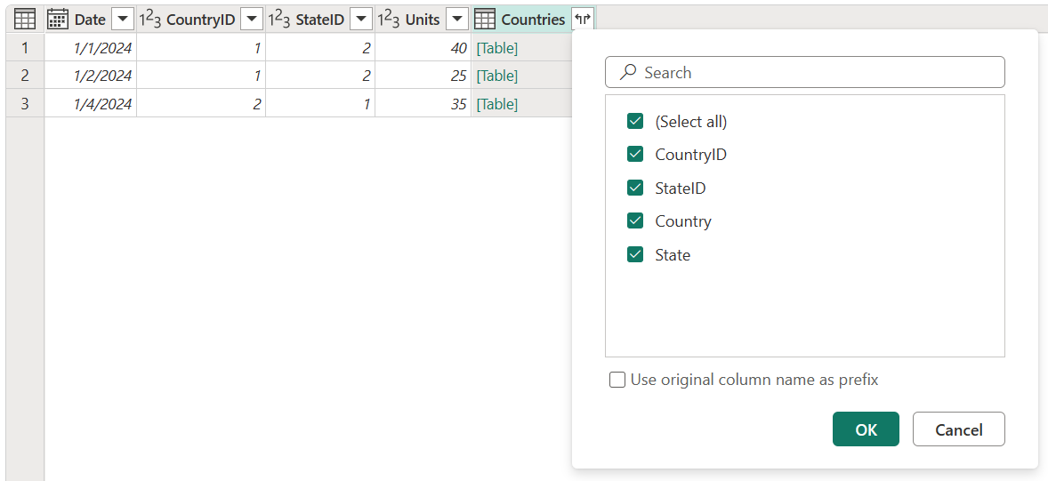 Expand table column menu.