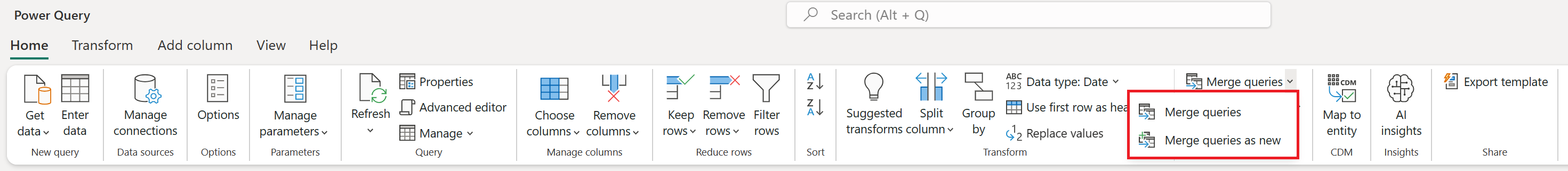 Screenshot of the Power Query Home tab with the Merge queries options emphasized.
