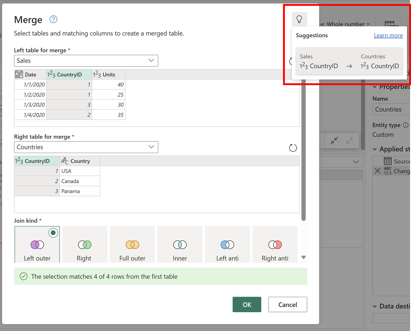 Screenshot of Merge dialog showcasing the suggested pairing of CountryID columns for the Sales and Countries tables.