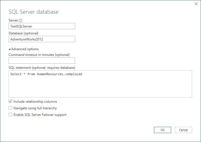 Screenshot of the SQL Server database dialog with a native database query.