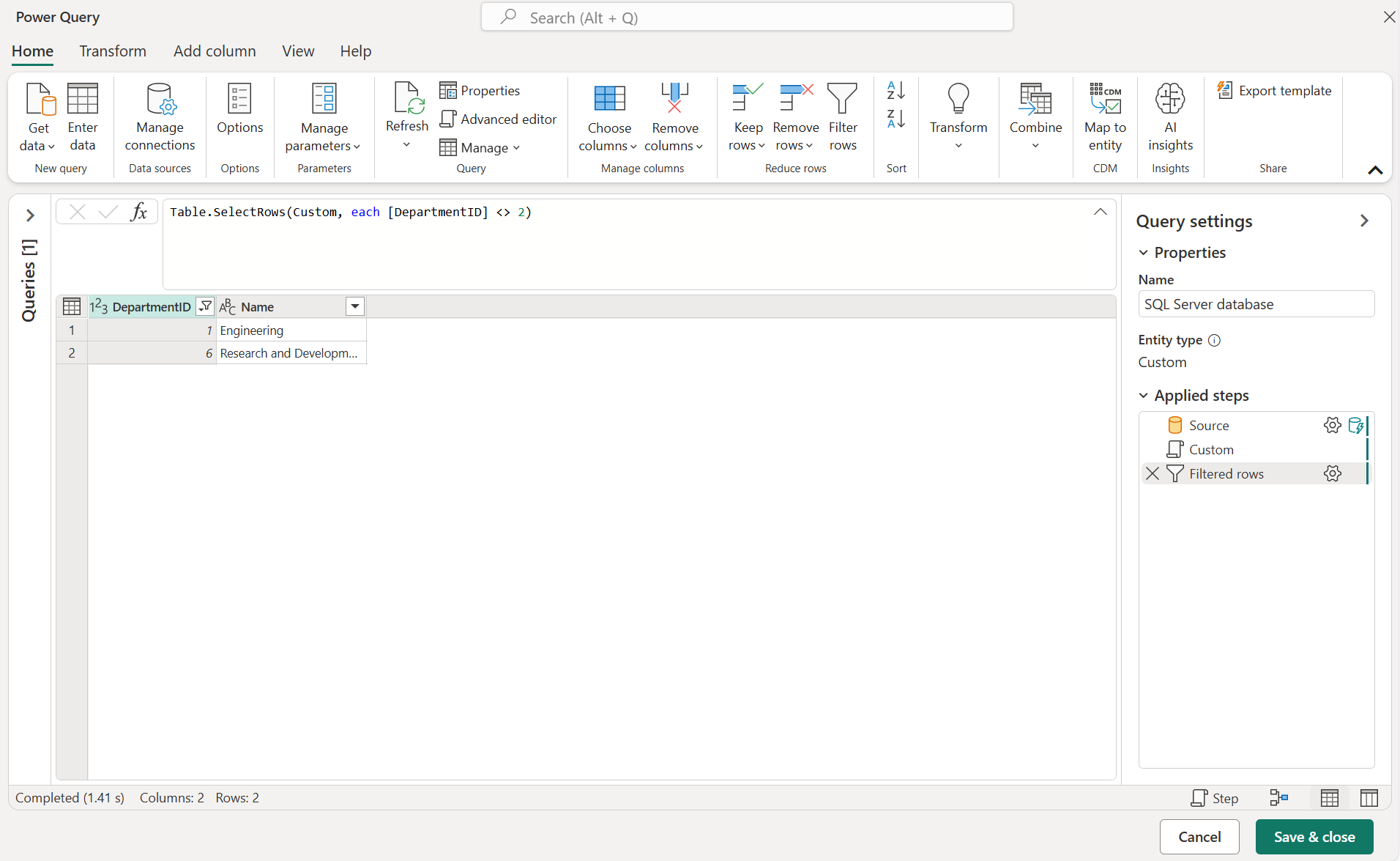 Filter step shown as folded back to the data source in the applied steps section.