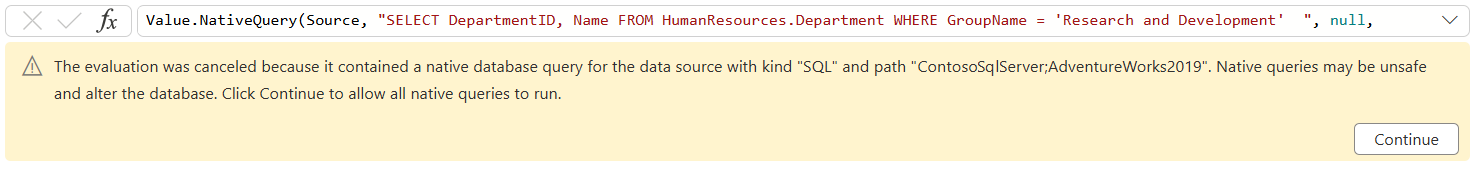 Screenshot of the new custom step formula with the usage of the Value.NativeQuery function and the explicit SQL query.