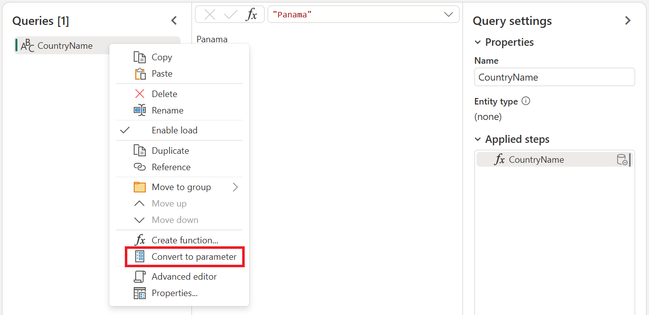 Screenshot of the Power Query editor where you convert the query to a parameter emphasized.