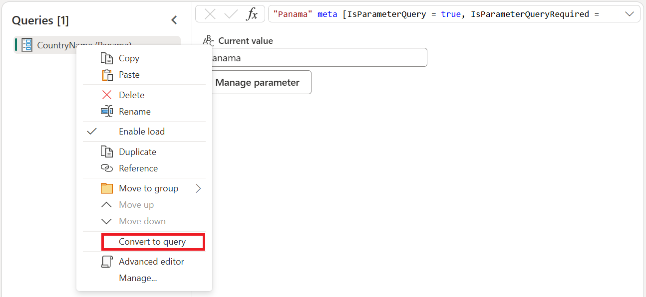 Screenshot of the Power Query editor where you convert the parameter to a query emphasized.