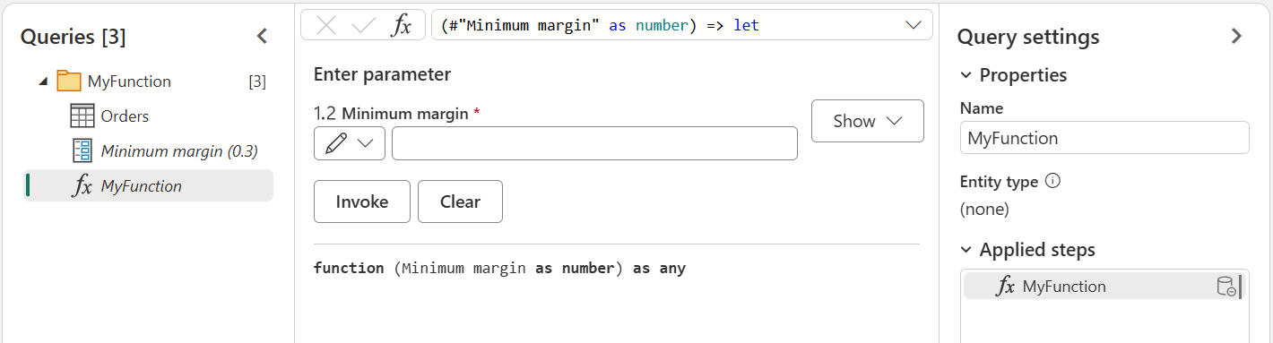 Screenshot of the Power Query editor with the function you created.