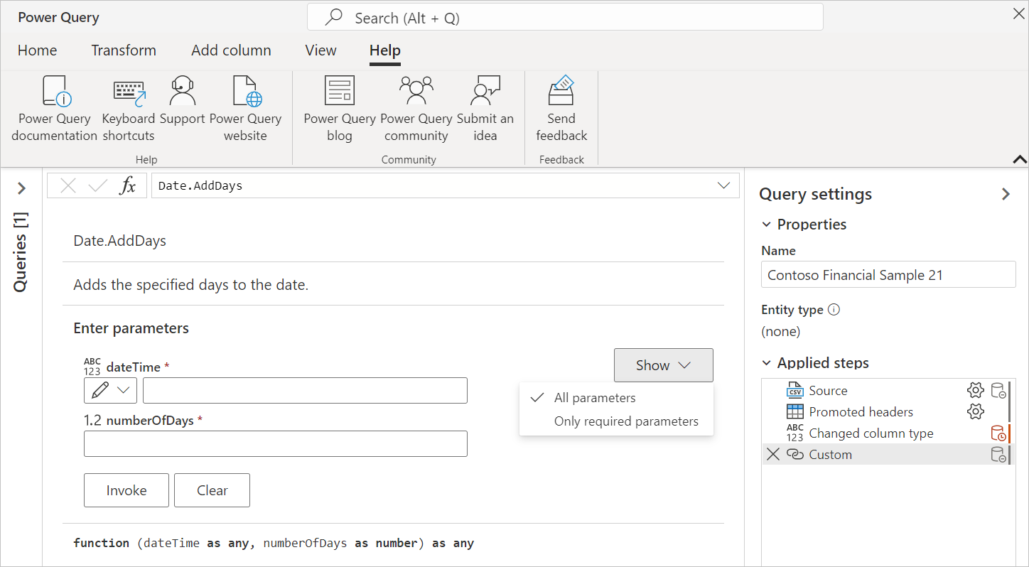 Screenshot of the Date.AddDays M function description and syntax, along with entry points for each of the function's parameters.