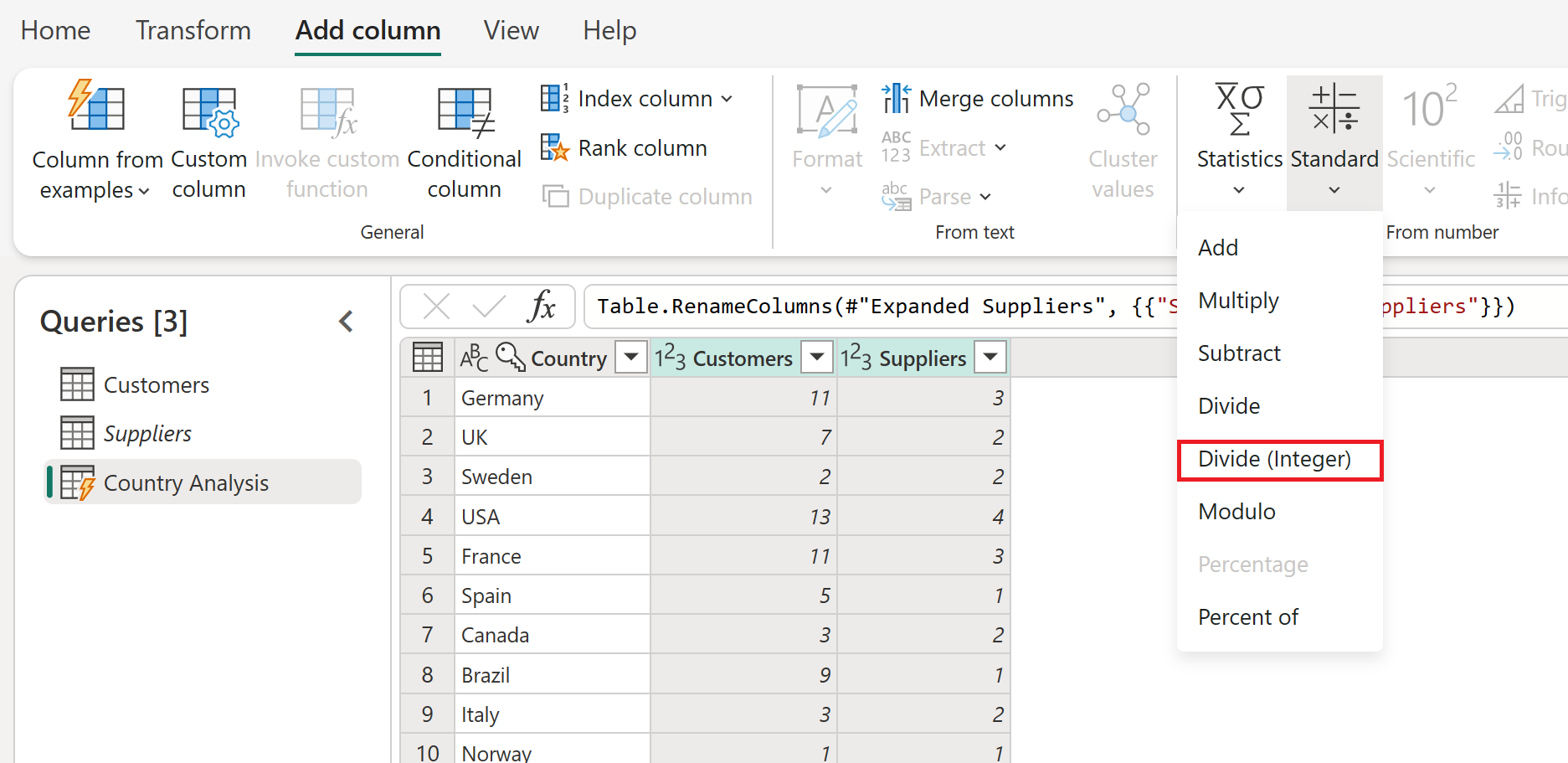 Screenshot of the Power Query workspace with the Add column tab and Standard selected, and Divide (Integer) option emphasized.