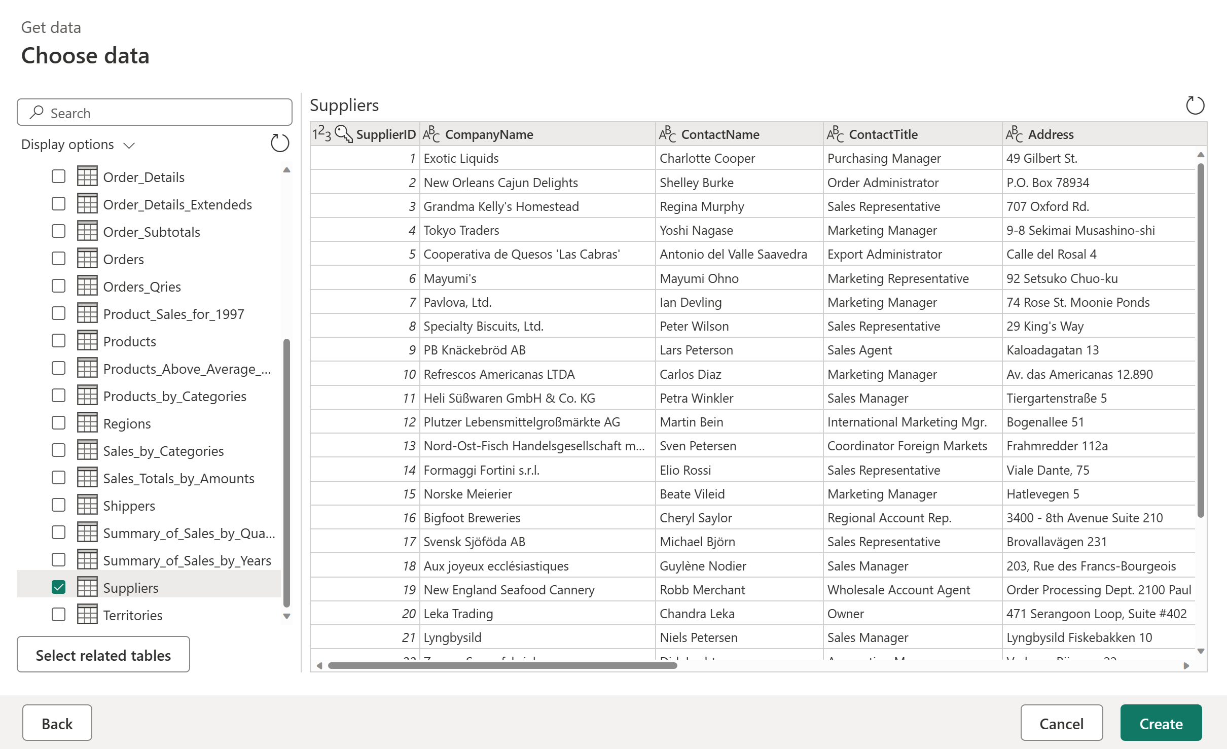 Screenshot of the Power Query navigator with the Northwind OData suppliers selected.