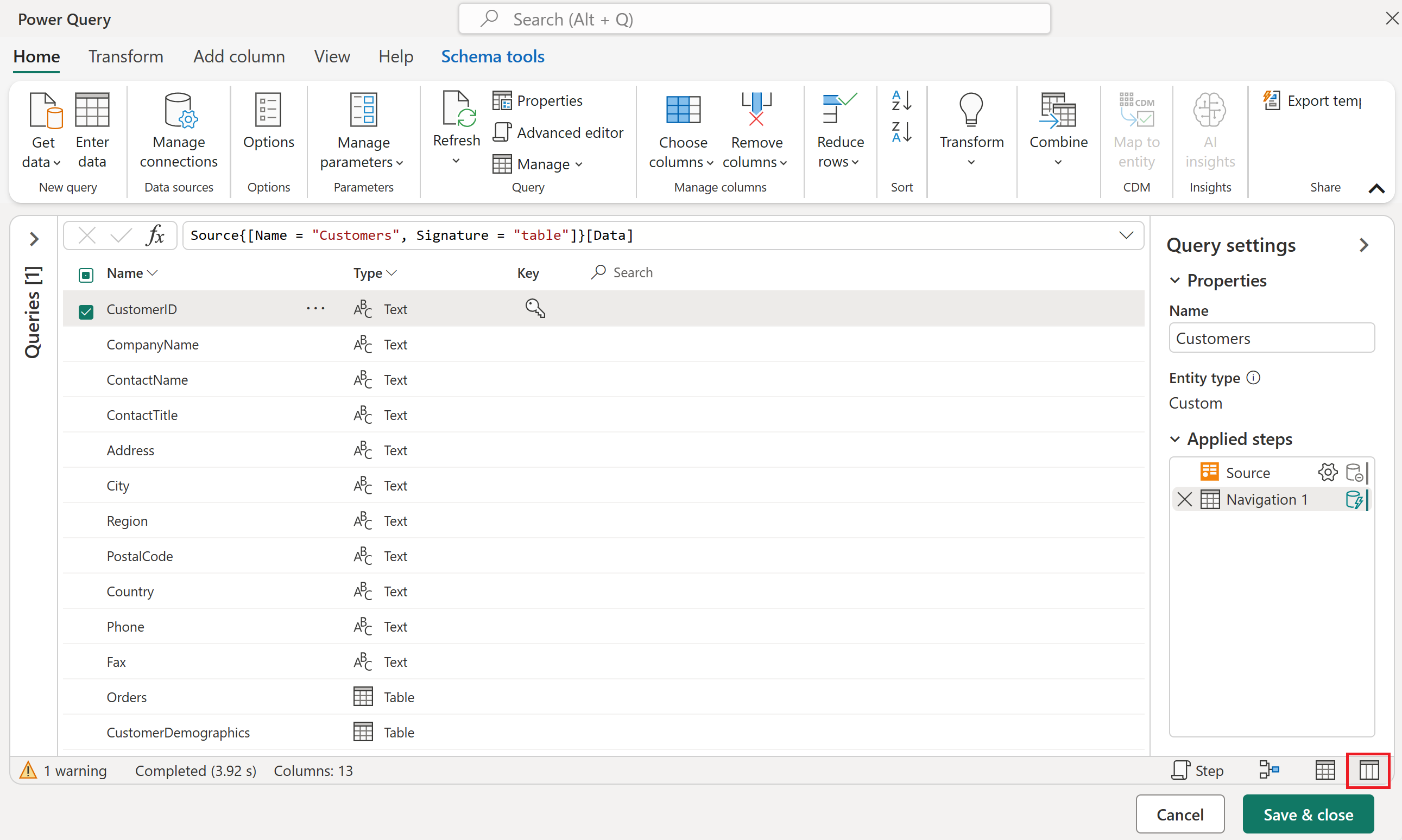 Screenshot with the queries pane collapsed and the current view switched to schema view and the schema view icon emphasized.