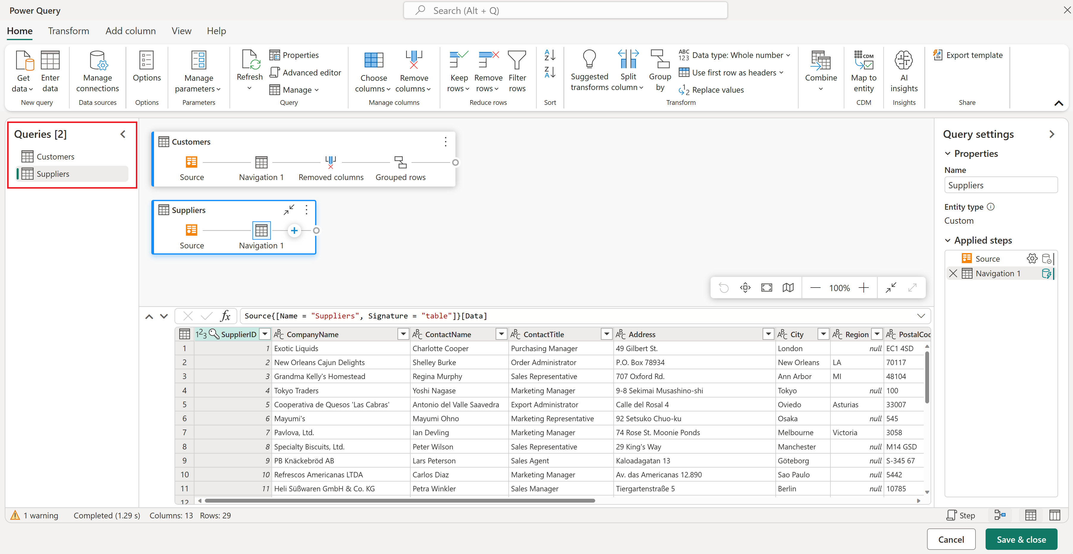 Screenshot of the Queries pane emphasizing both the customers and suppliers queries.