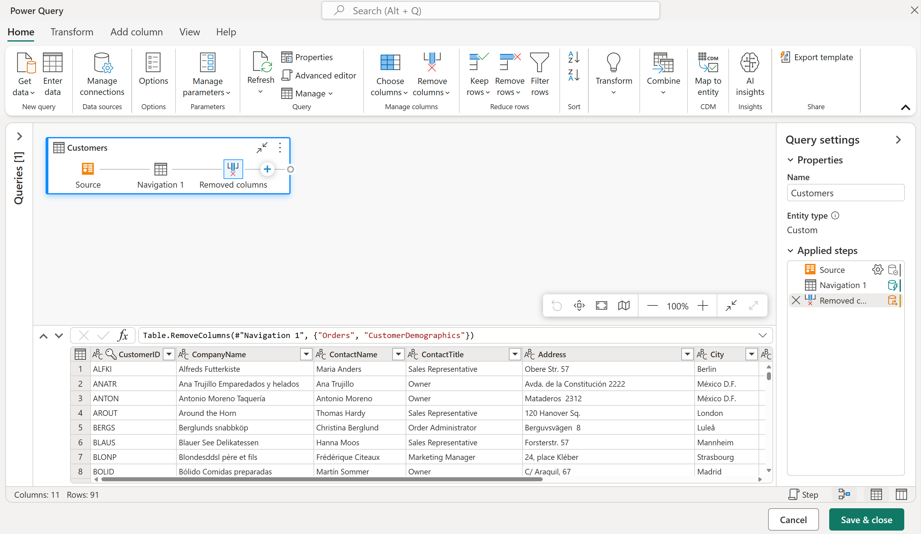 Screenshot of the Power Query workspace showing the diagram view with data preview.