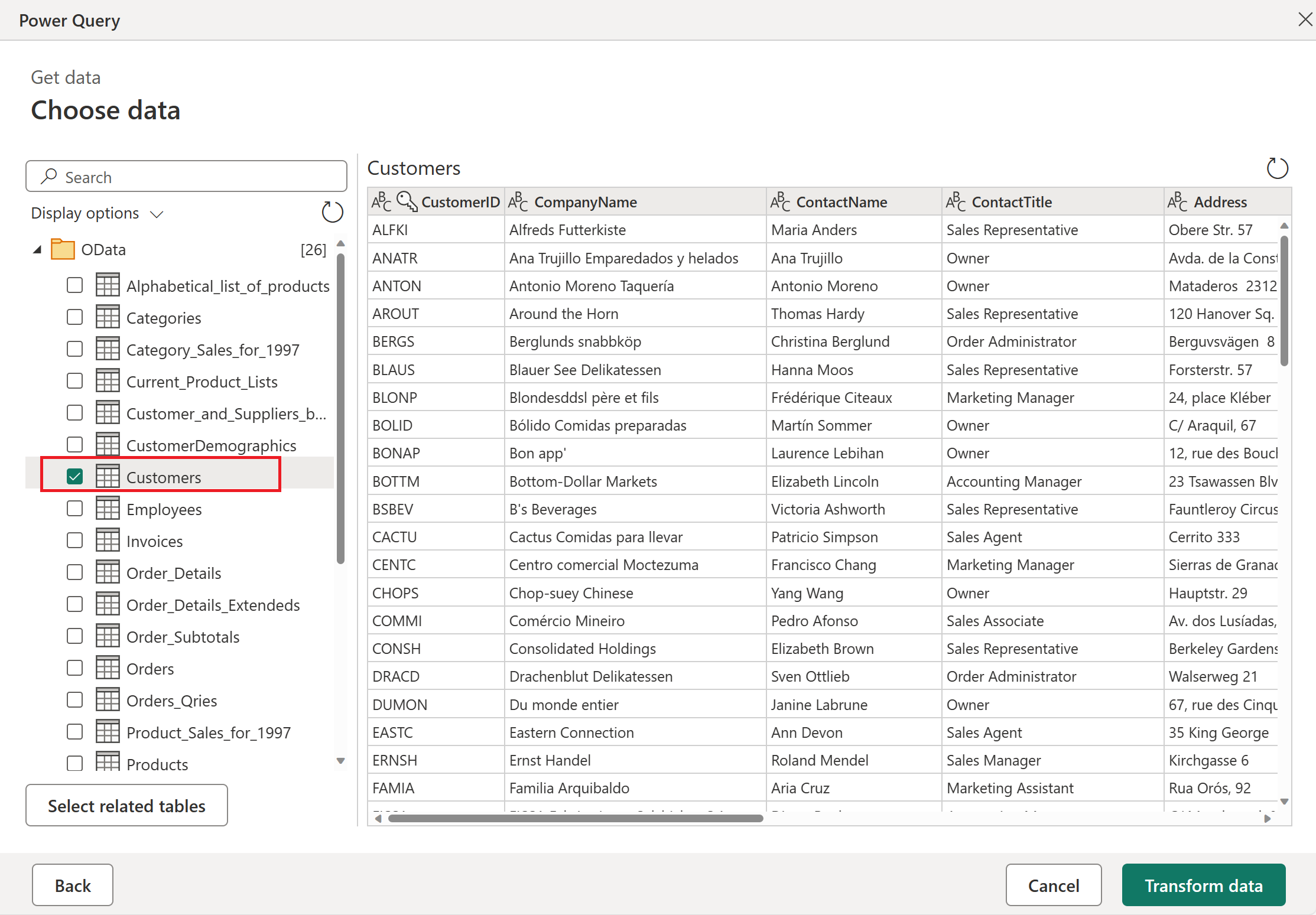 Screenshot of the Power Query Navigator page with the Customers table emphasized.