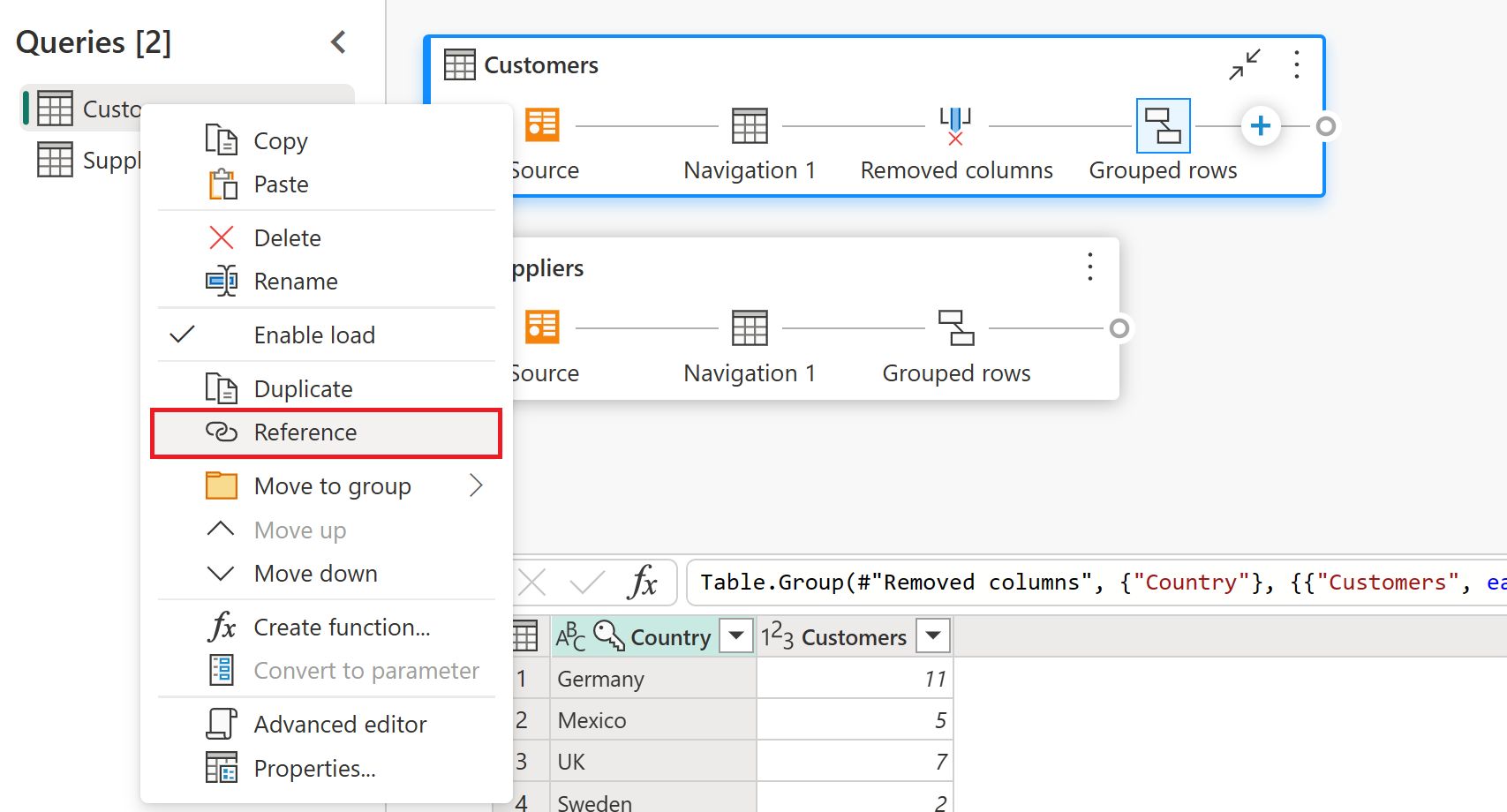 Screenshot of the Customers menu with the Reference option emphasized.