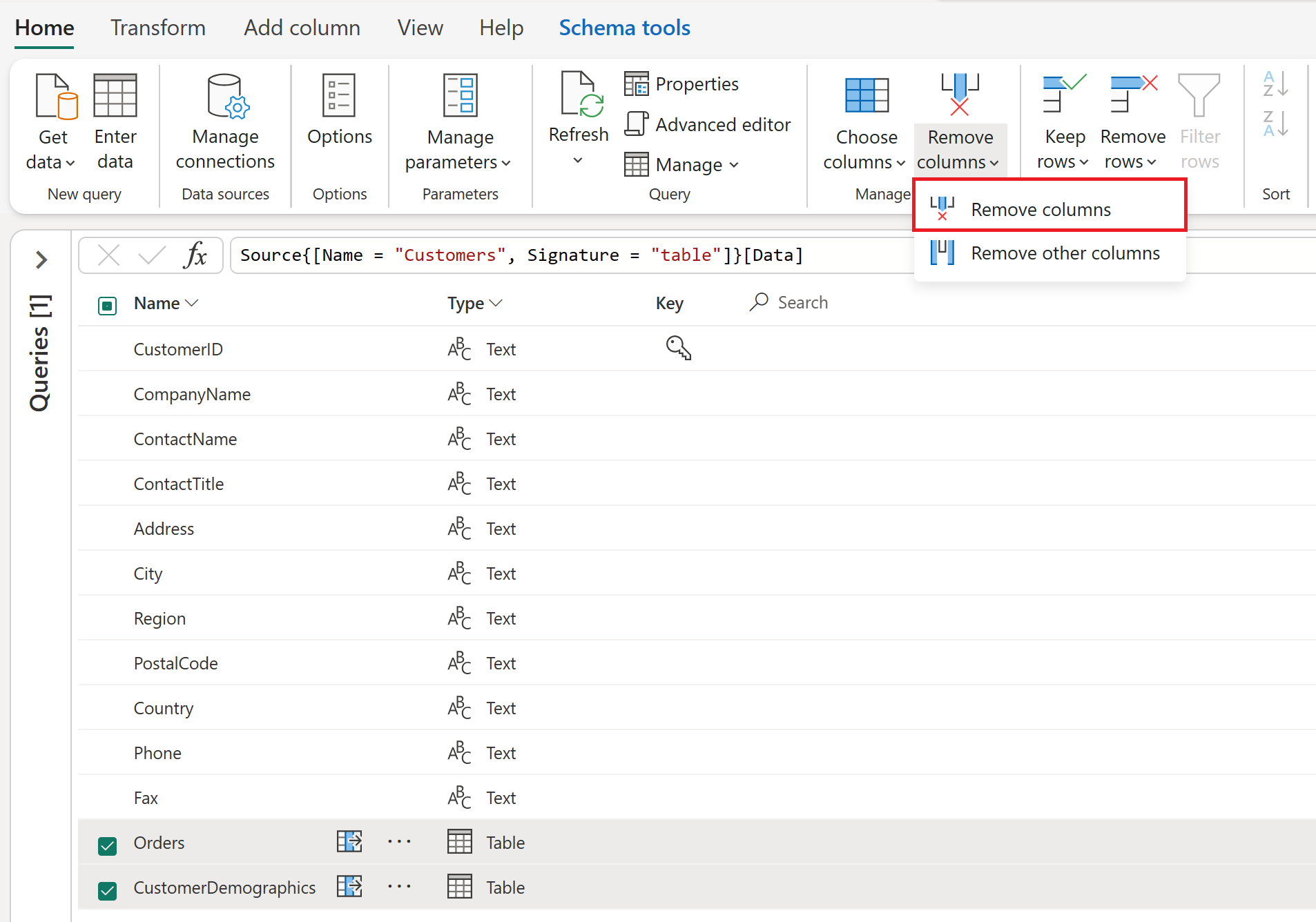 Screenshot of the Orders and CustomerDemographics columns selected, and the Remove columns option emphasized.