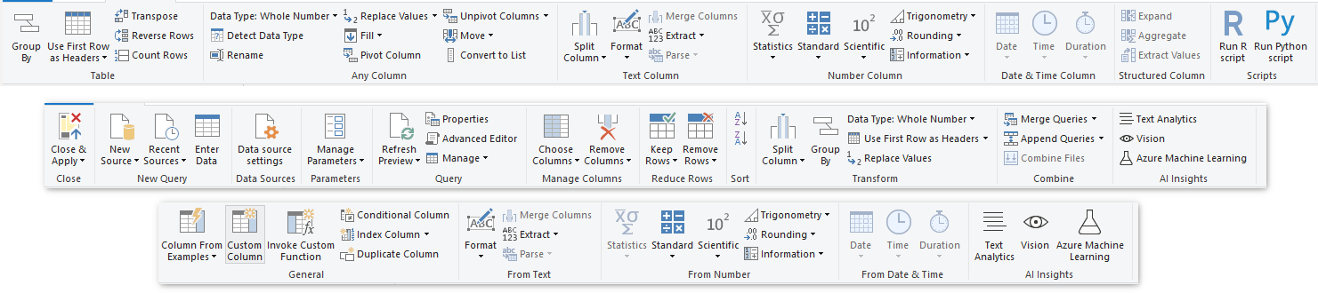 Screenshot of the transformation commands under the Transform, Home, and Add Column tabs of the Power Query editor.