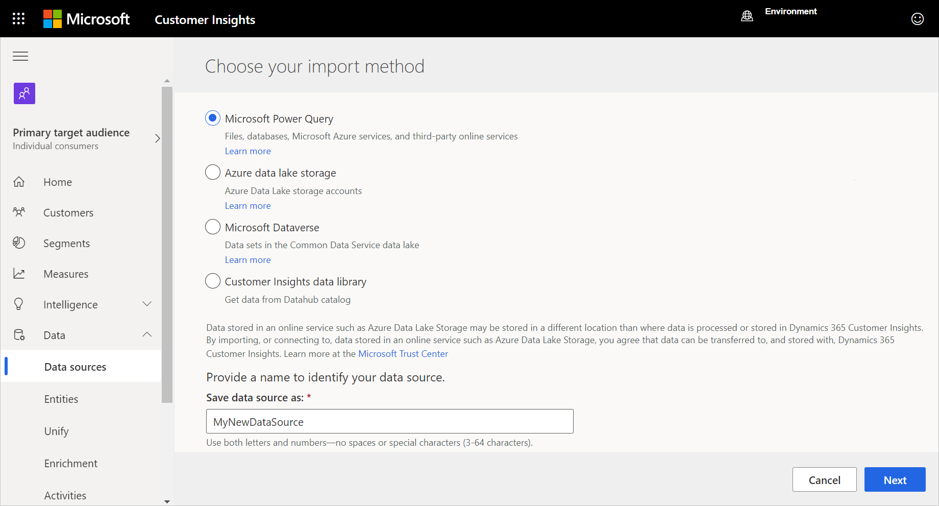 Screenshot with Choose your import method open, with Microsoft Power Query selected, and MyNewDataSource set for Save data source as.