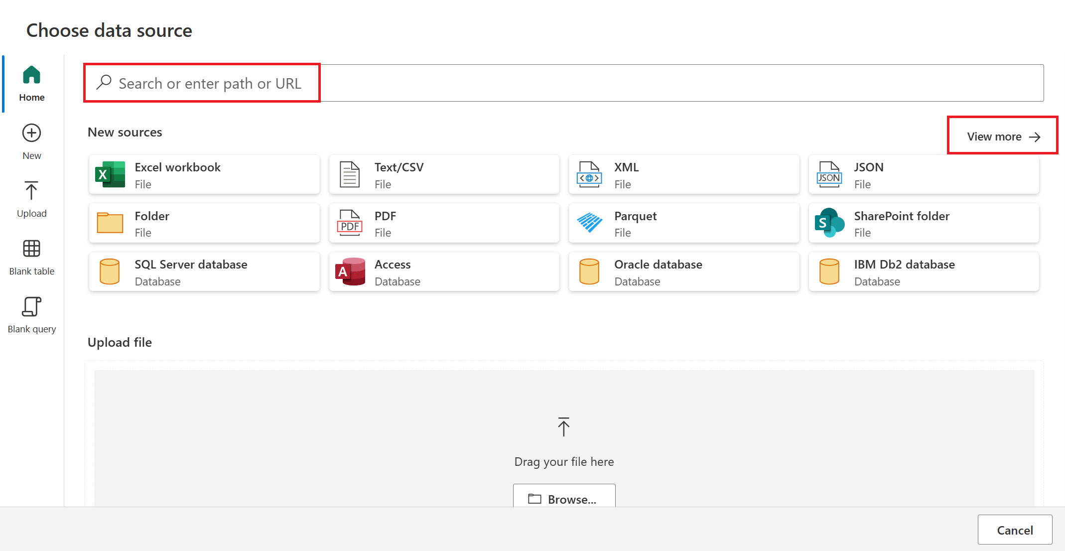 Screenshot of the Customer Insights Choose data source page with the search box and the view more selection emphasized.
