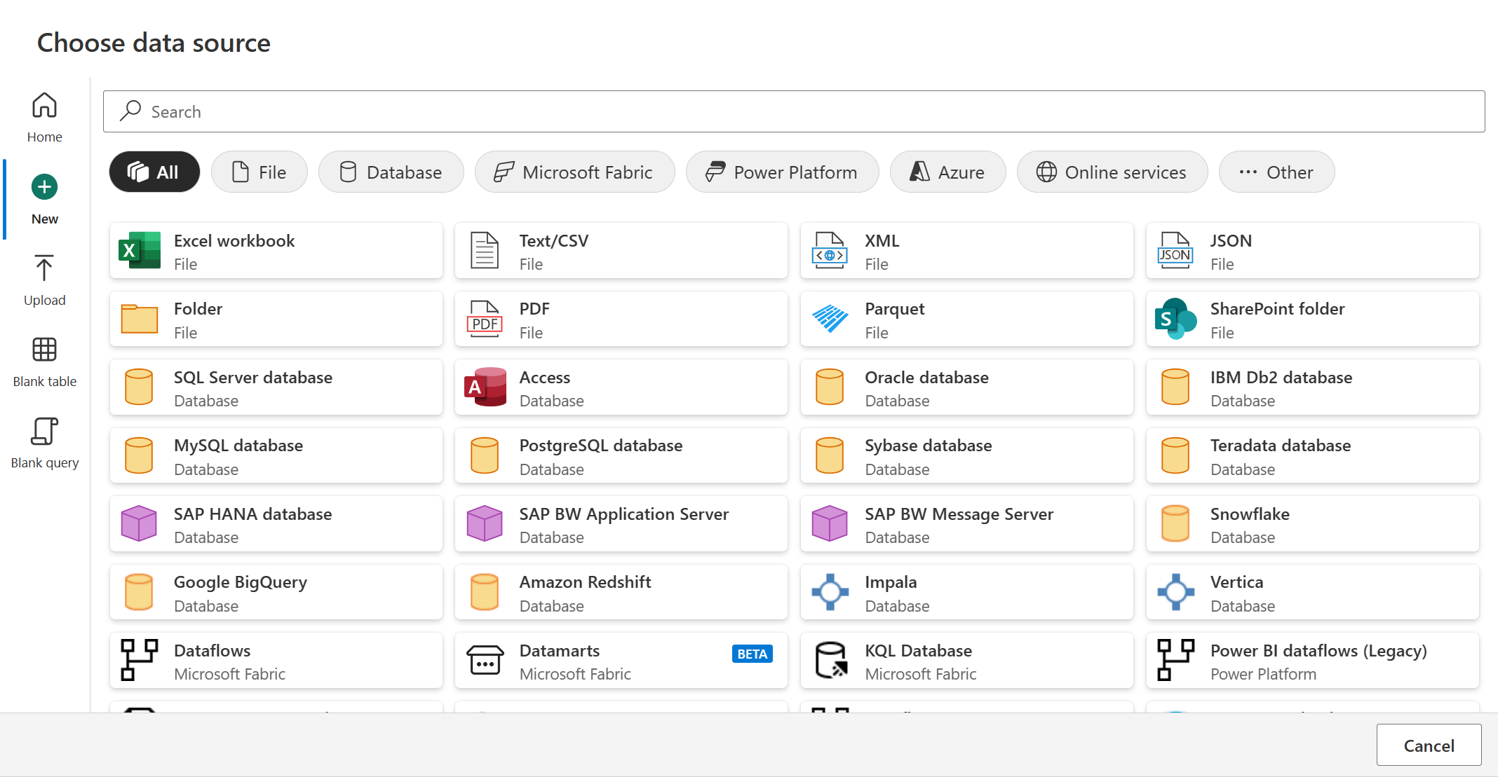 Screenshot of the Customer Insights Choose data source page displayed after selecting view more, with the list of connectors.