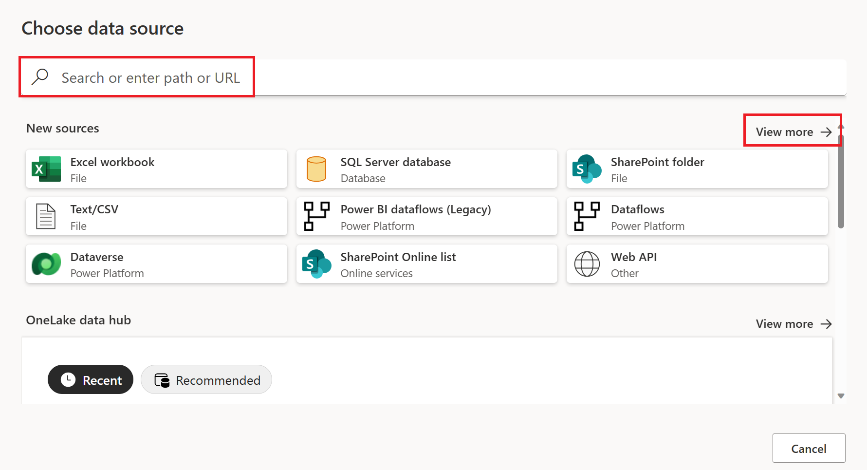 Screenshot of the Data Factory Choose data source page with the search box and the view more selection emphasized.