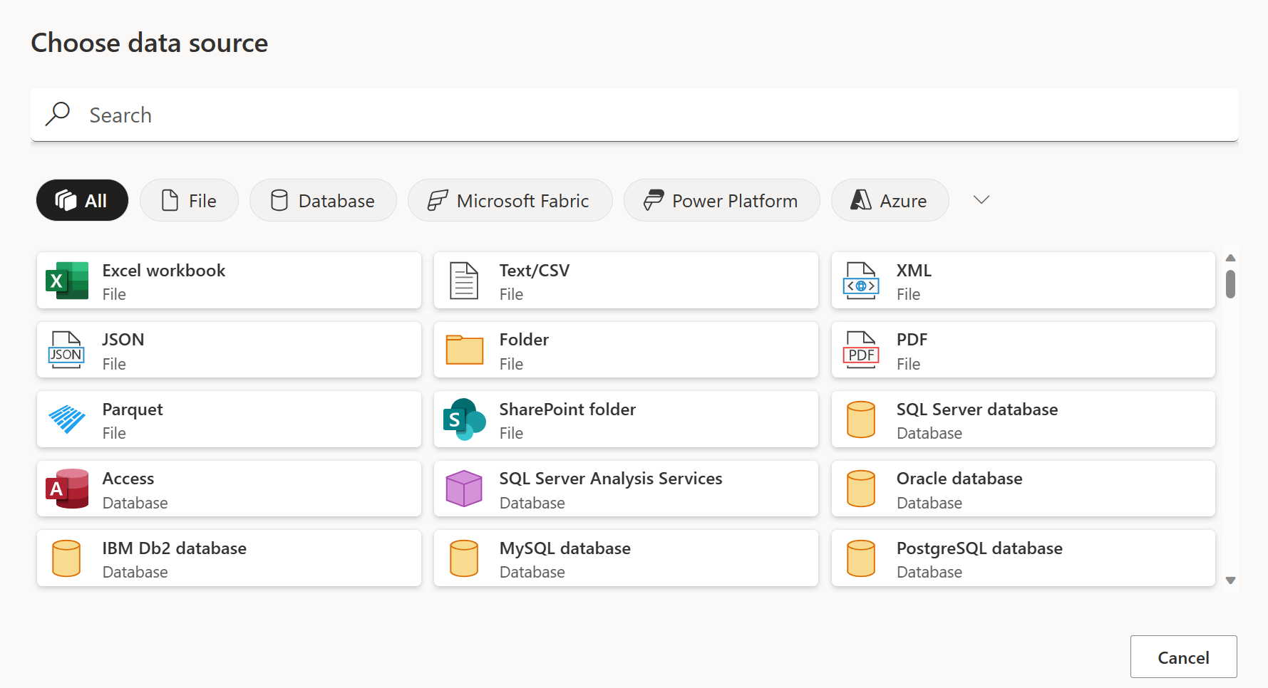 Screenshot of the Data Factory Choose data source page displayed after selecting view more, with the list of connectors.