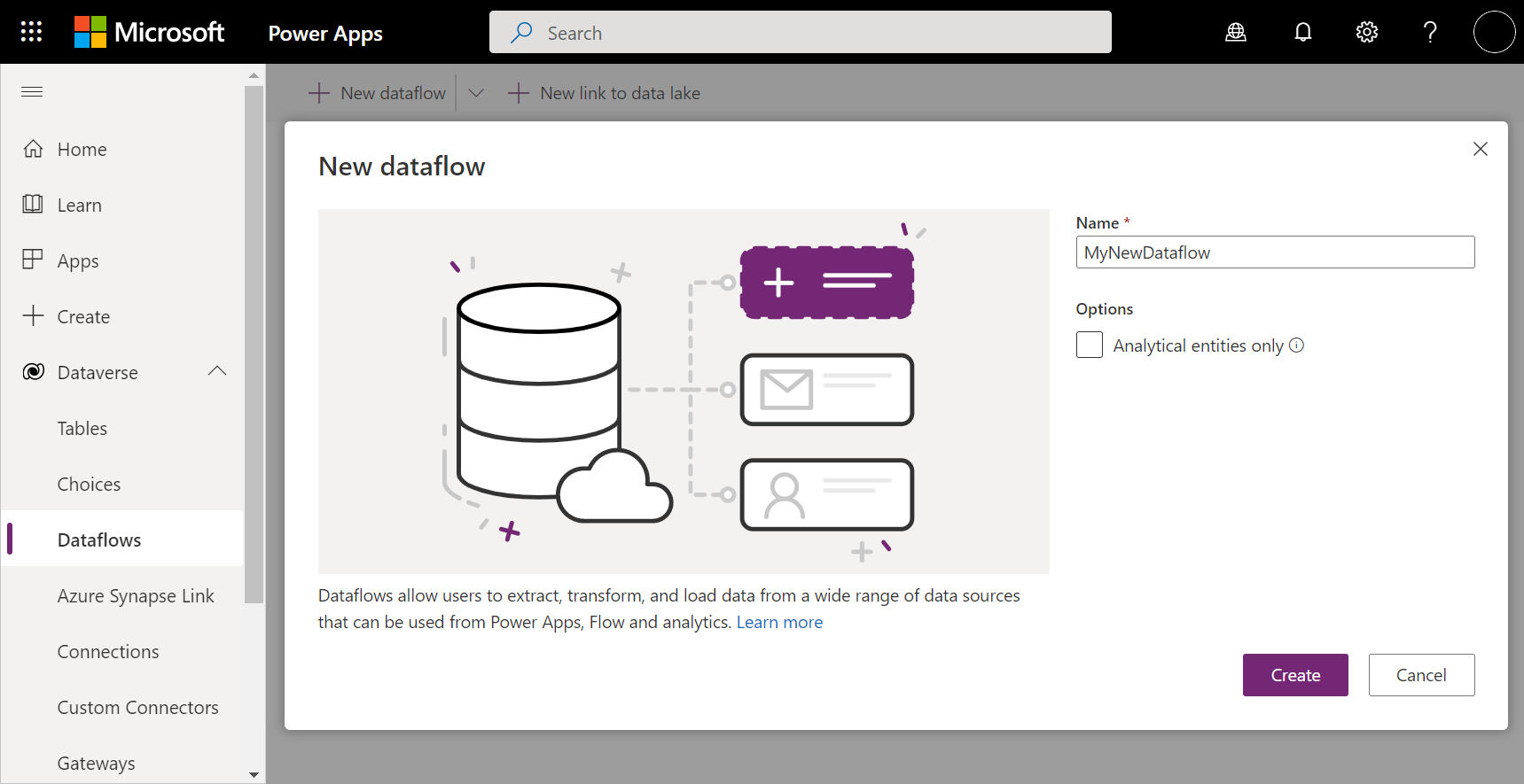 Screenshot of the New dataflow dialog box, with the name text box filled in.