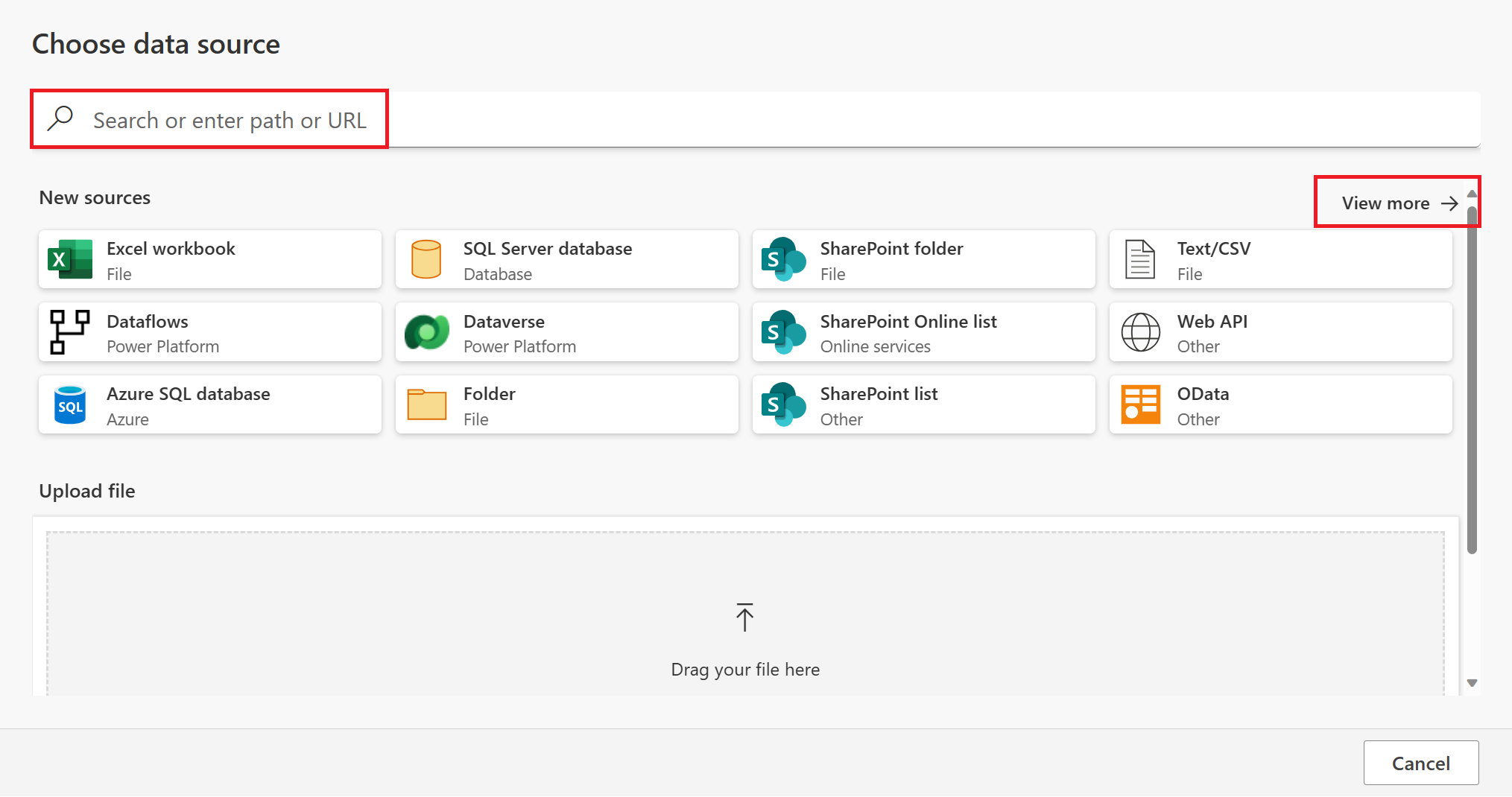 Screenshot of the Power Apps Choose data source page with the search box and the view more selection emphasized.