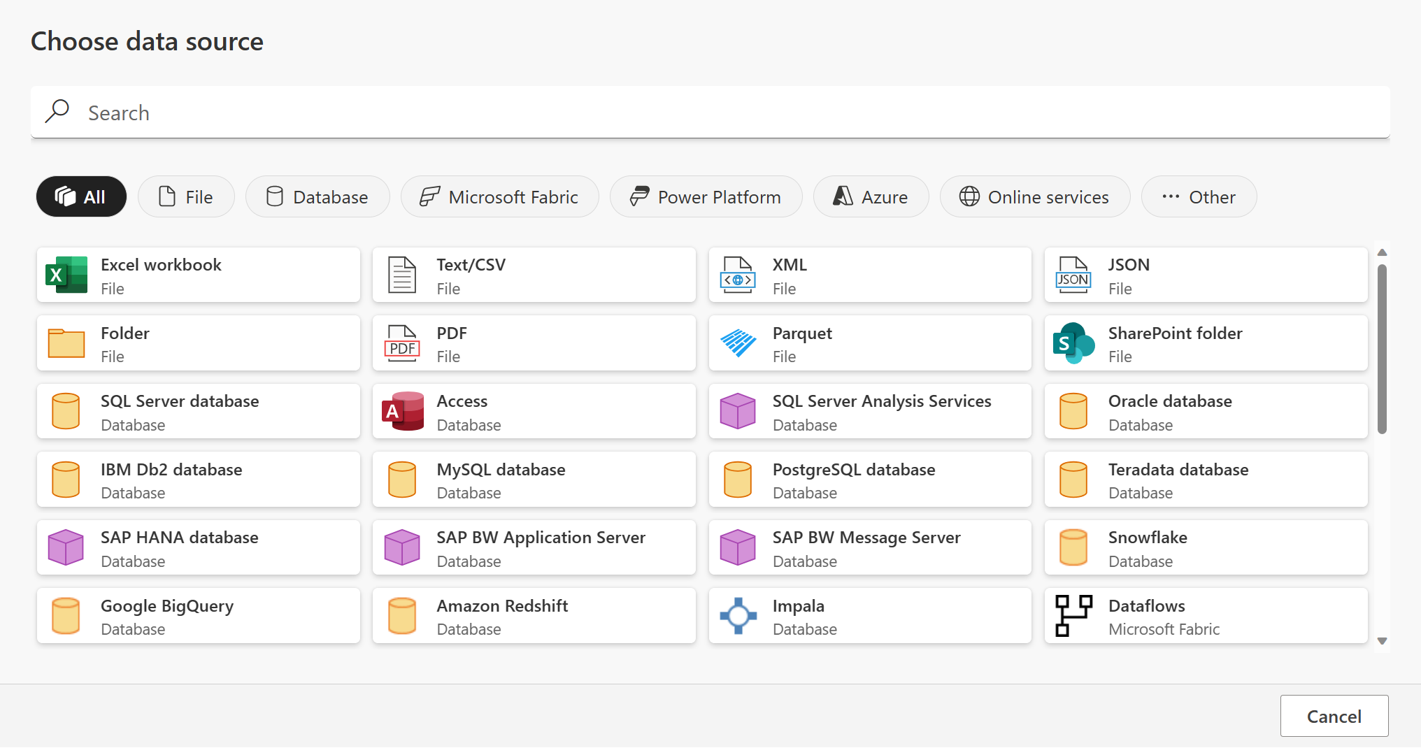 Screenshot of the Power Apps Choose data source page displayed after selecting view more, with the list of connectors.