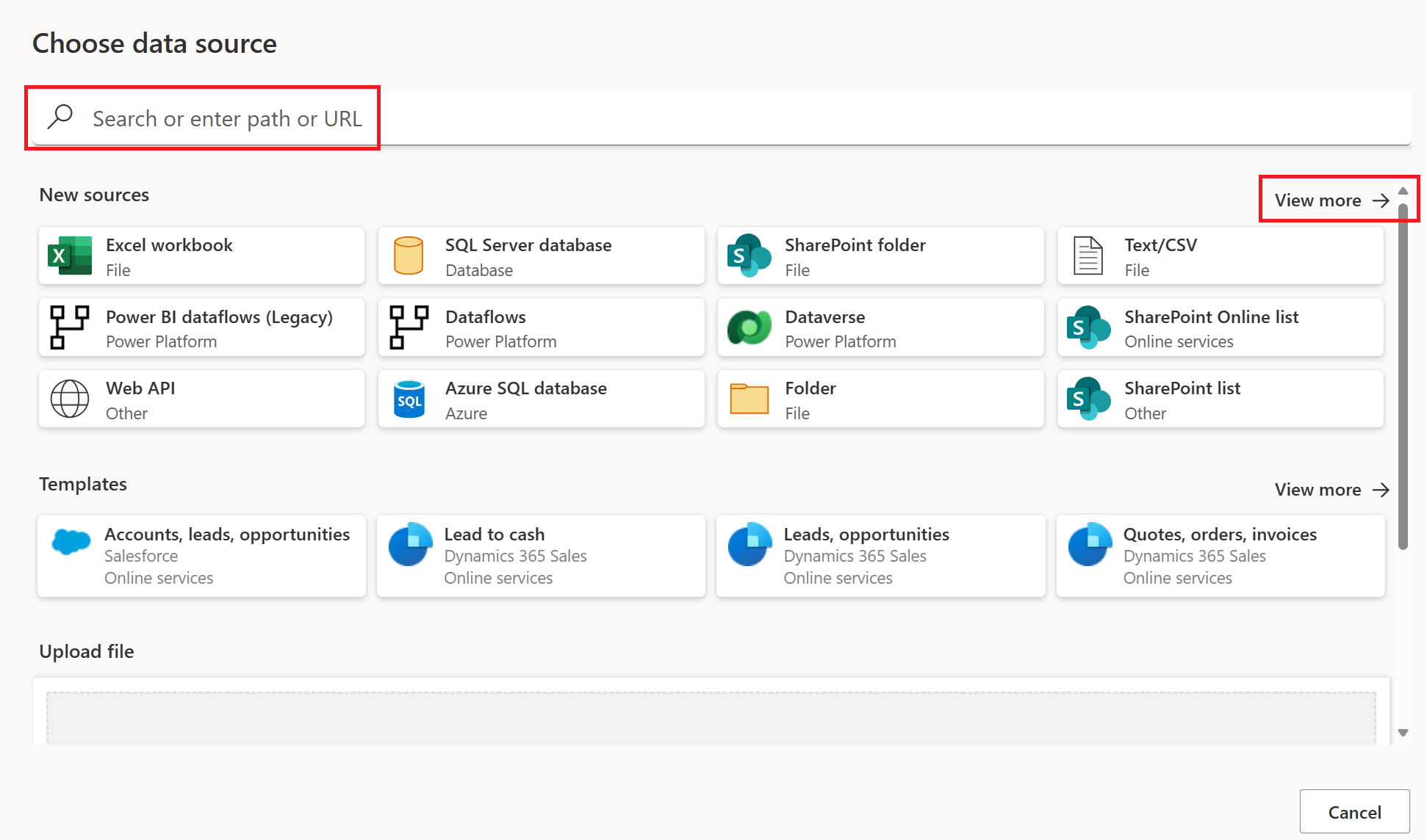 Screenshot of the Choose data source page with the search box and the view more selection emphasized.