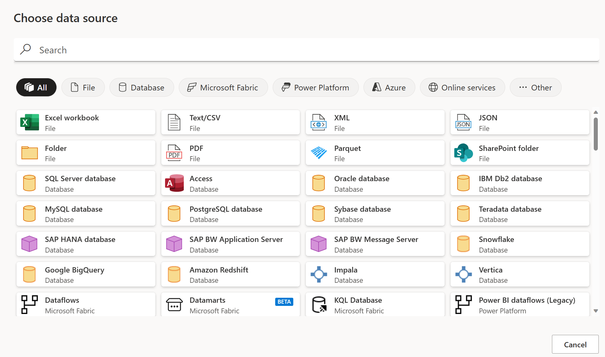 Screenshot of the Choose data source page displayed after selecting view more, including the categories at the top and then the list of connectors.