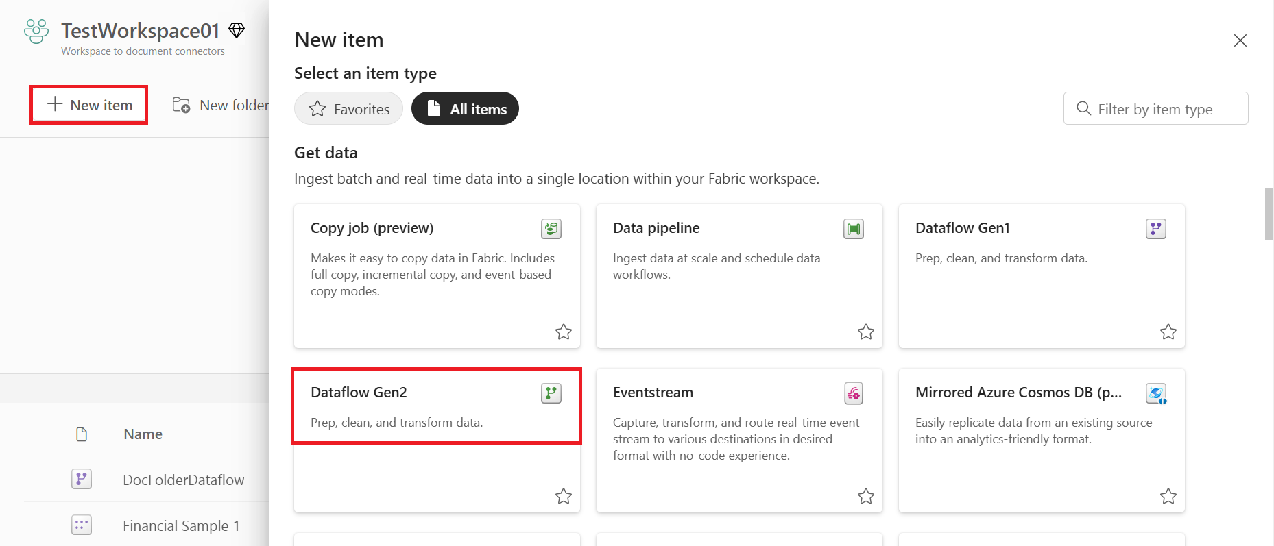 Screenshot showing the workspace where you choose to create a new dataflow.