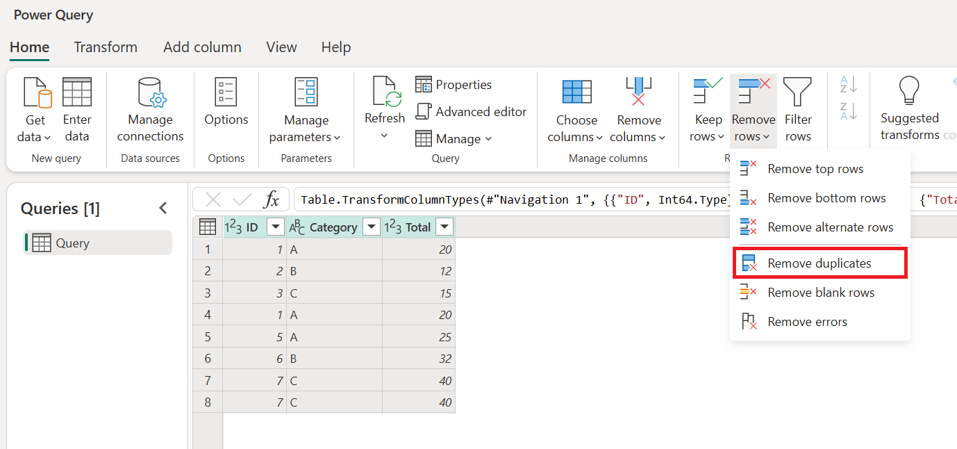 Screenshot showing the location of the Remove duplicates option under Remove rows.