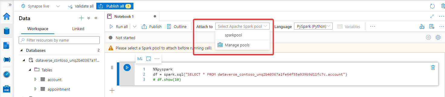Attach Spark pool Attach Spark pool.