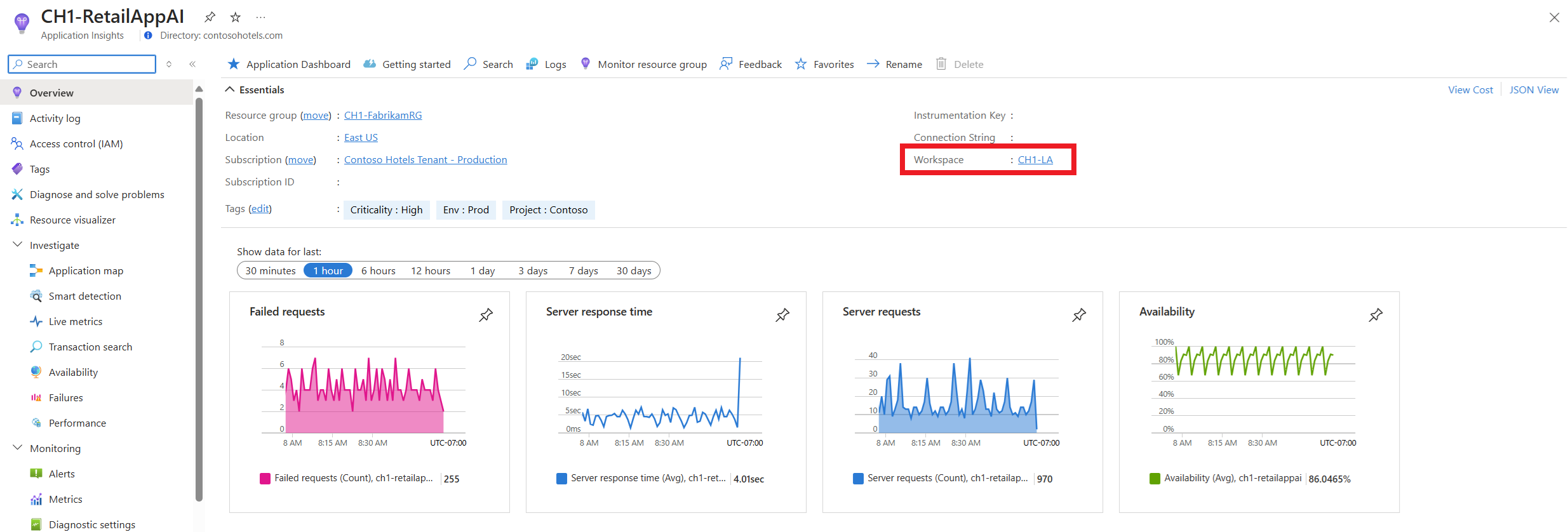 A screenshot of the workspace-based Application Insights portal overview page.