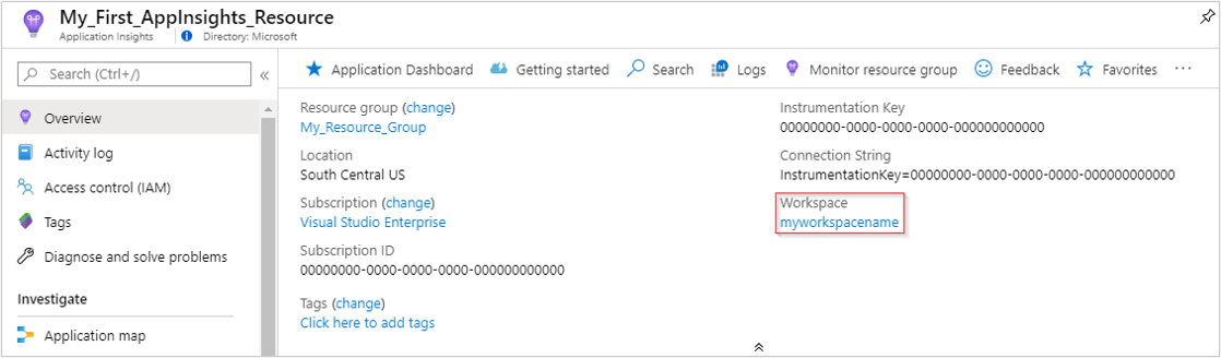 Screenshot that shows the Workspace name.