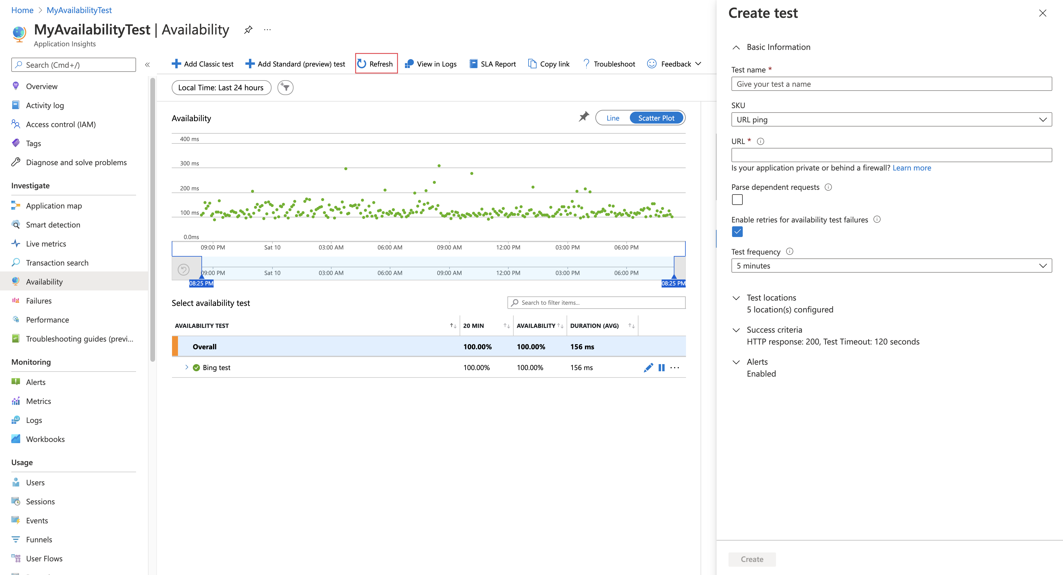 Screenshot that shows the Availability page with the Refresh button highlighted.