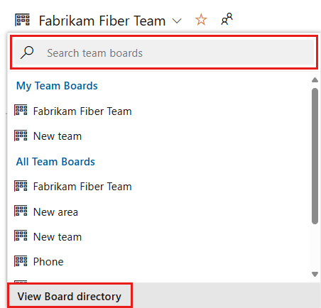 Screenshot that shows selecting another team's board in on-premises versions.