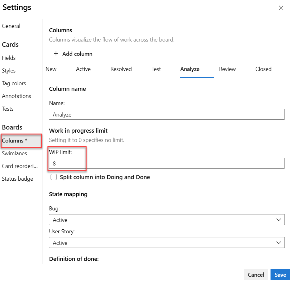 Screenshot showing board, Customize columns, default columns, Agile process, set WIP limits.